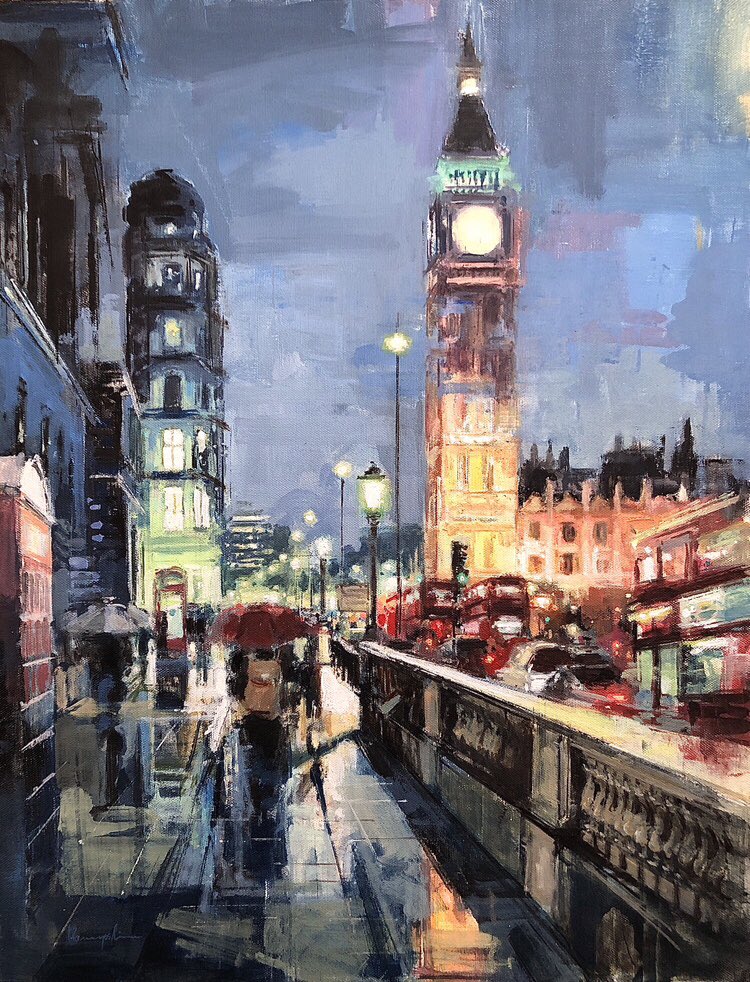 5/29から6/9まで『あべのハルカス』で予定している個展に出品する新作。

個展まで1か月を切りましたが、
後何点上げれるか。

光と共に湿度や雨の音に包まれた光景を表現できたと思いますが如何でしょうか？

10号『雨のロンドン（仮）』

#油絵　#アナログ画