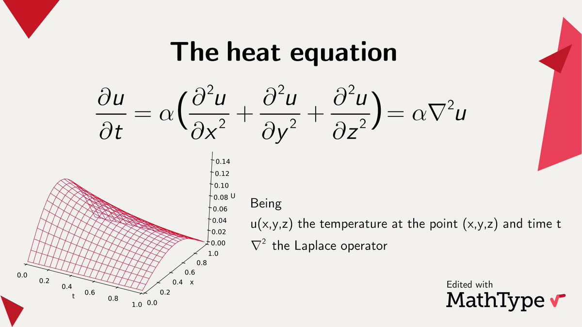 The partial differential equation called the heat equation describes how some quantity, such as heat, distributes over time in a homogeneous and isotropic solid medium. #MathType #math #mathematics #mathematical #mathematician #mathproblems #mathfacts