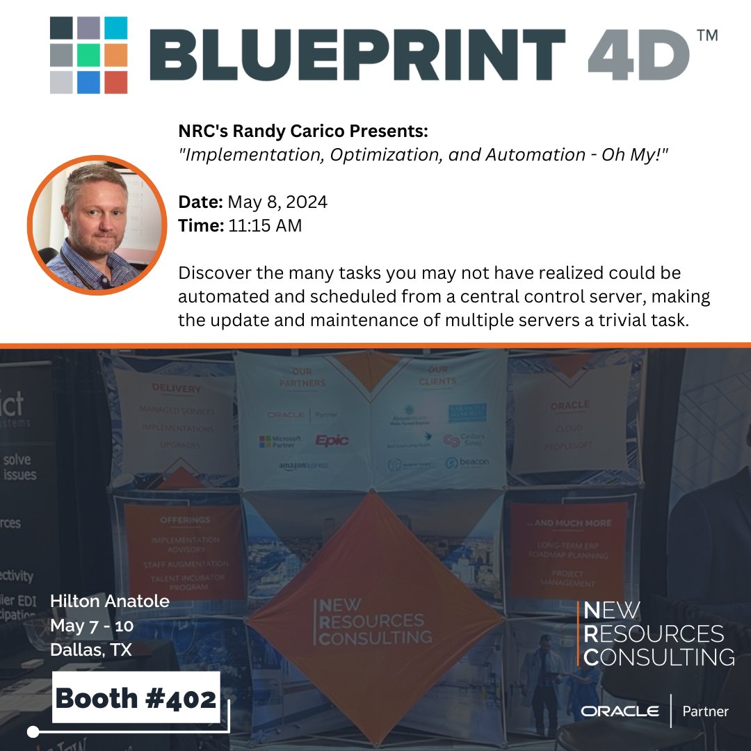 NRConsults's tweet image. We are pumped to see everyone today at the Hilton Anatole for BLUEPRINT 4D. 

Be sure to catch Senior Consultant Randy Carico as he presents &quot;Implementation, Optimization, and Automation—Oh My!&quot; this morning at 9 AM. 

#BLUEPRINT4D #Quest #Oracle #PeopleSoft #ERP #NRC #Dallas