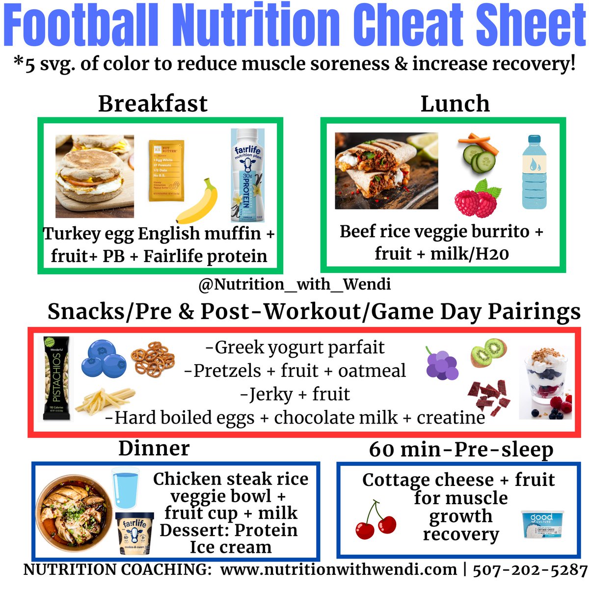 Are you focused on getting bigger, faster and stronger this off-season? Championships are won in the off-season. If you want to be great this fall the time is now. Fuel up with protein, carbs and quality calories. Aim for 7-9 hours of sleep and don't skimp on your hydration!