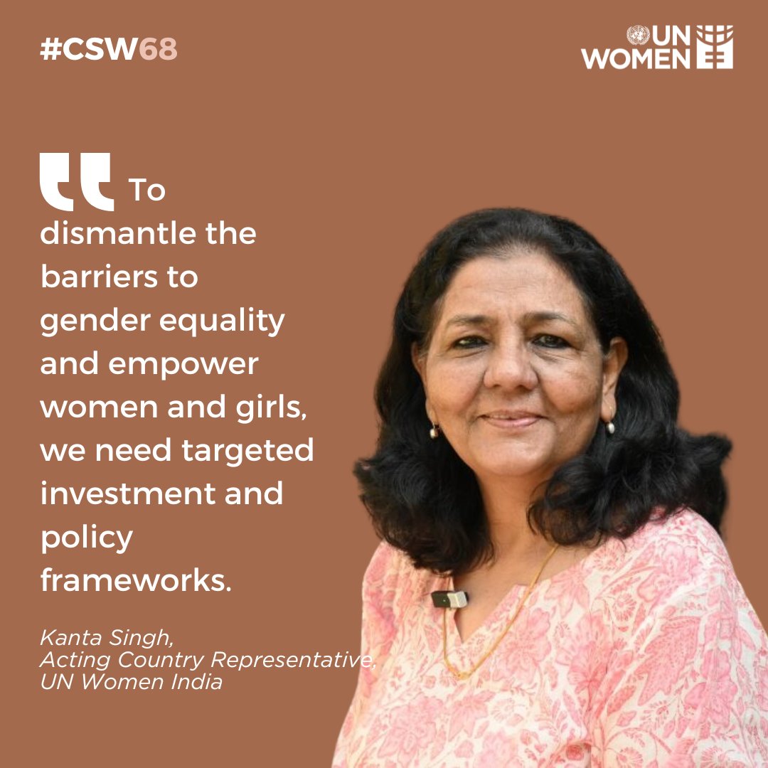 unwomenindia's tweet image. At this year's #CSW68, @kantasingh_, Acting Country Representative, UN Women India, spoke about the critical need for investment to eradicate gender disparities and violence. She also highlighted that harnessing South-South cooperation can act as a catalyst for gender equality.