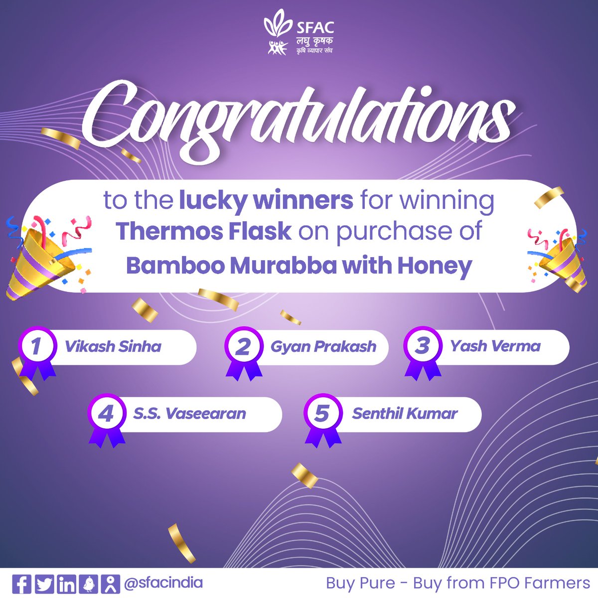 Congratulations to the lucky winners for winning a thermos flask 🥳on purchase of bamboo murabba with honey. Both will be shipped separately to each buyer. Enjoy the delicious bamboo murabba with natural honey. Keep buying from FPO farmers. Follow us for such giveaways.