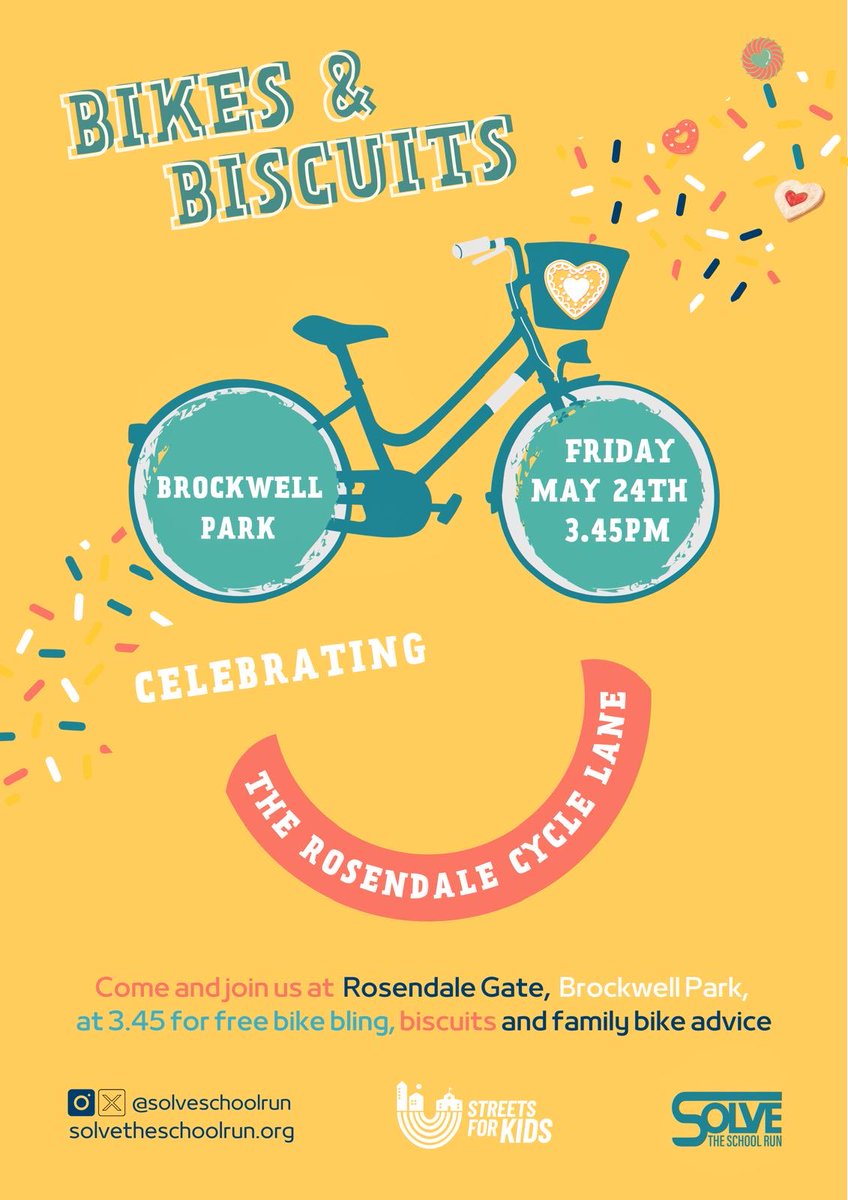 Happy Wednesday news.. Bikes & Biscuits is coming to Brockwell park! Join us Friday May 24th to celebrate our wonderful Rosendale cycle lane. They’ll be free bike biscuits, bike bling & friendly advice on family cycling thanks to @cities_clean #streetsforkids