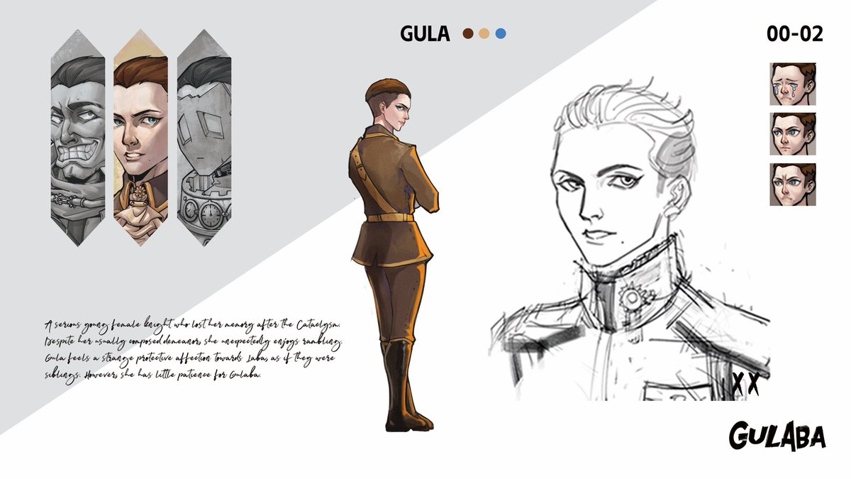 GULA-Female Knight A serious young female knight who lost her memory after the Cataclysm. Despite her usually composed demeanor, she unexpectedly enjoys rambling. Gula feels a strange protective affection towards Laba, as if they were siblings.