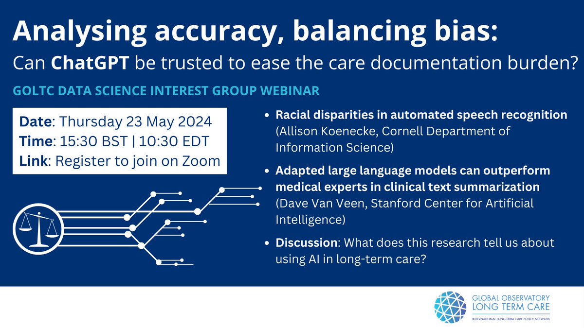 Our next AI focused webinar is happening soon! 🤖 Analysing accuracy, balancing bias: Can ChatGPT be trusted to ease the care documentation burden? Date: 23 May Time: 15:30 BST Place: Zoom Register to join here 👉lse.zoom.us/meeting/regist… #ChatGPT #CareDocumentation