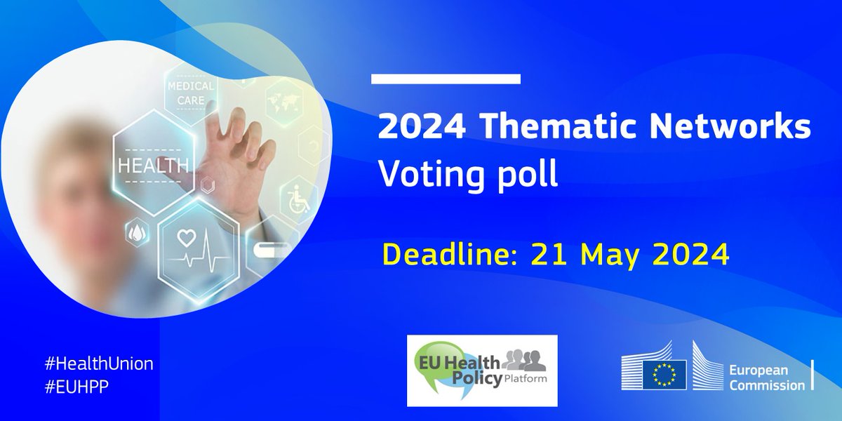 📢Still in time to vote! Help us choose the 2024 Thematic Networks! Out of the 19 proposals submitted in March, 6⃣made it to the poll. Now the final selection is up to you! Register in the #EUHPP to be able to vote➡️europa.eu/!vT38YB #HealthUnion