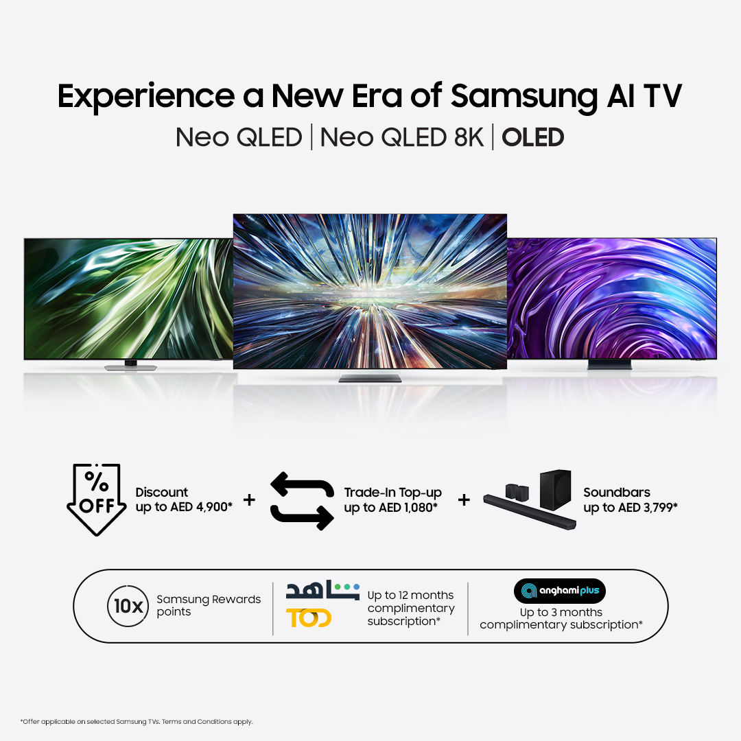 Unveil the future of television with Samsung AI TVs! Get up to AED 4,900 off, 10X Samsung Rewards points worth up to AED 3,610, complimentary subscriptions, free delivery and installation, and much more! Pre-order now: smsng.co/6016jWknQ