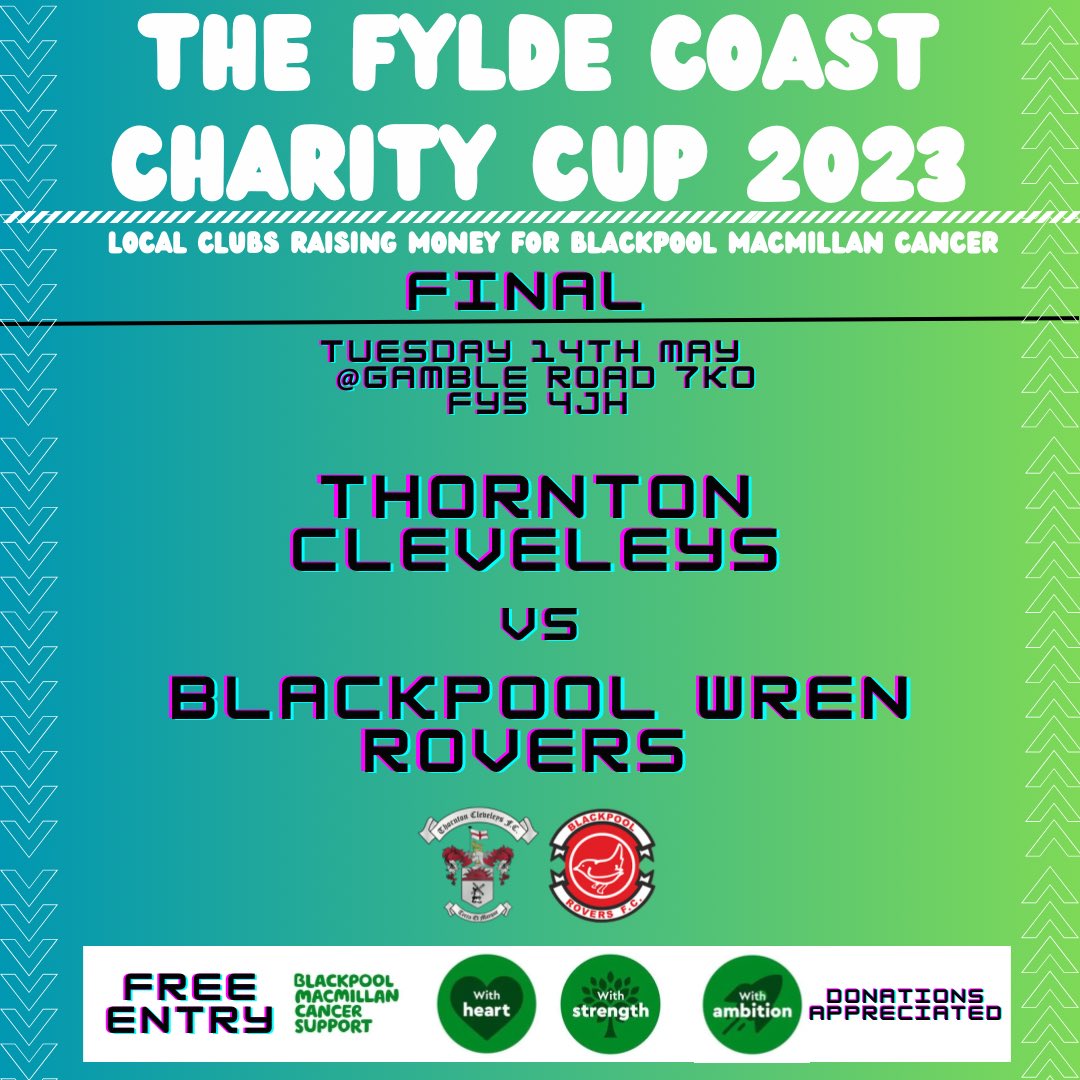🔴| 𝐅𝐲𝐥𝐝𝐞 𝐂𝐨𝐚𝐬𝐭 𝐂𝐡𝐚𝐫𝐢𝐭𝐲 𝐂𝐮𝐩 𝐅𝐢𝐧𝐚𝐥 Next Tuesday14th May, we will finally get to play the delayed Cup Final for the Fylde Coast Charity Cup Final! Raising money for @macmillancancer the game will be at @thorntonfc 𝗚𝗮𝗺𝗯𝗹𝗲 𝗥𝗼𝗮𝗱, 𝗙𝗬𝟱 𝟰𝗝𝗛