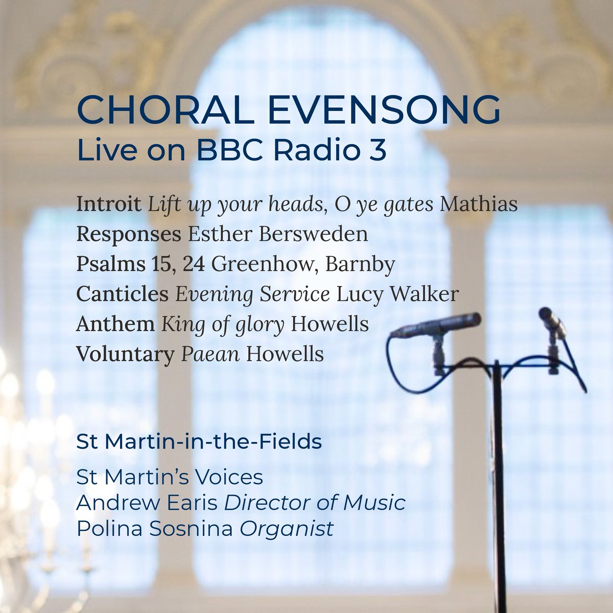 Today's broadcast of Choral Evensong on @BBCRadio3 comes live from @smitf_london 📻 Tune in at 3pm to hear @StMartinsVoices premiering @lucywalkermusic's new Evening Service, plus an anthem and organ voluntary by Howells 🎶