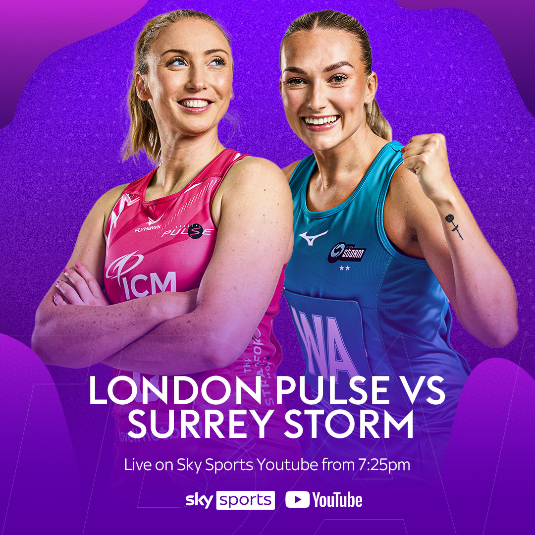 We are back with Friday night netball! 🩷🖤vs 💙⛈️ THIS Friday we see @Pulse_Netball host @SurreyStorm Live on @SkySports YouTube from 7:25pm! See you there for a battle at the box @CopperBoxArena 👊🏐 @NetballSL @ClaraNels