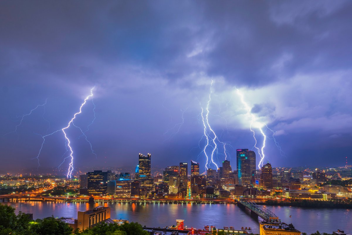 DaveDiCello's tweet image. Hands down the most intense storm I've ever captured in #Pittsburgh. The lightning was constant and when it finally hit the city it was just SO bright; like something out of a movie. The first is a single shot (not a composite) and the second shows a bolt hitting the North Shore.