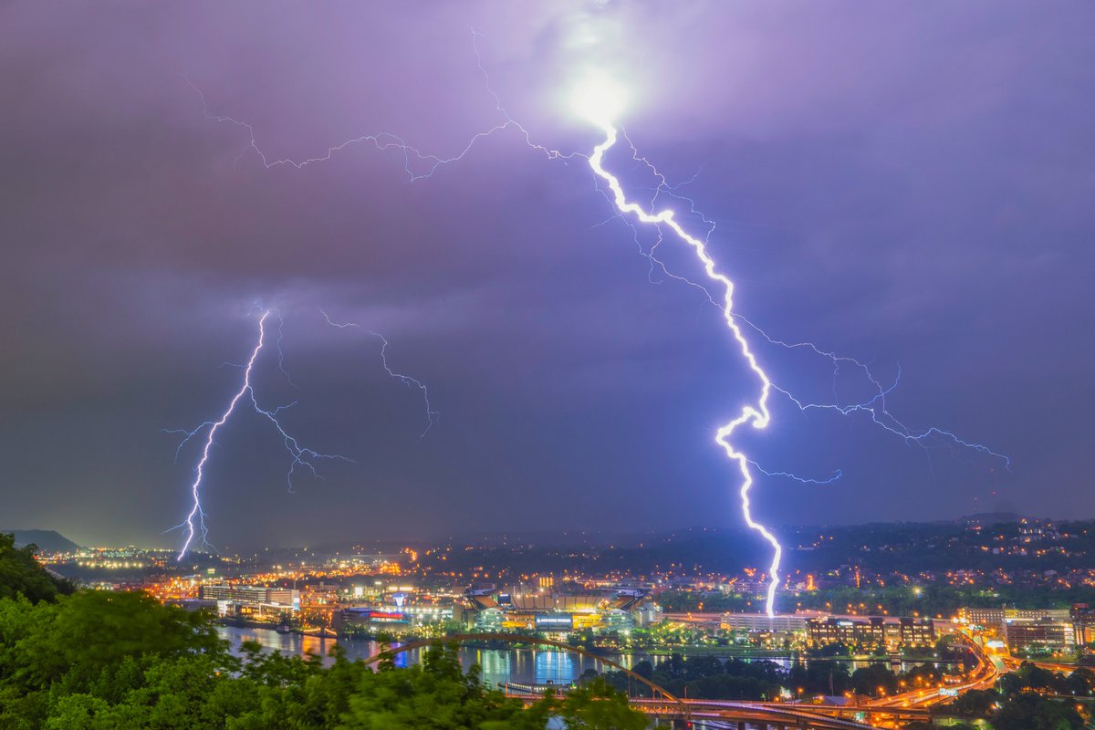 Hands down the most intense storm I've ever captured in #Pittsburgh. The lightning was constant and when it finally hit the city it was just SO bright; like something out of a movie. The first is a single shot (not a composite) and the second shows a bolt hitting the North Shore.