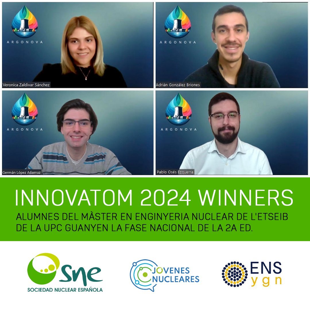 ETSEIB_UPC's tweet photo. 🔥 Alumnes del Màster en #EnginyeriaNuclear de l'#ETSEIB de @la_UPC guanyen la fase nacional de la 2a ed. del #INNOVATOM.
La final internacional del concurs convocat per la @SNEu235 i @jjnucleares que organitza l'ENS-YGN serà el 27/6 a Sofia (Bulgària).
https://t.co/yFtZTag3OH https://t.co/Vg8qnpYAi1