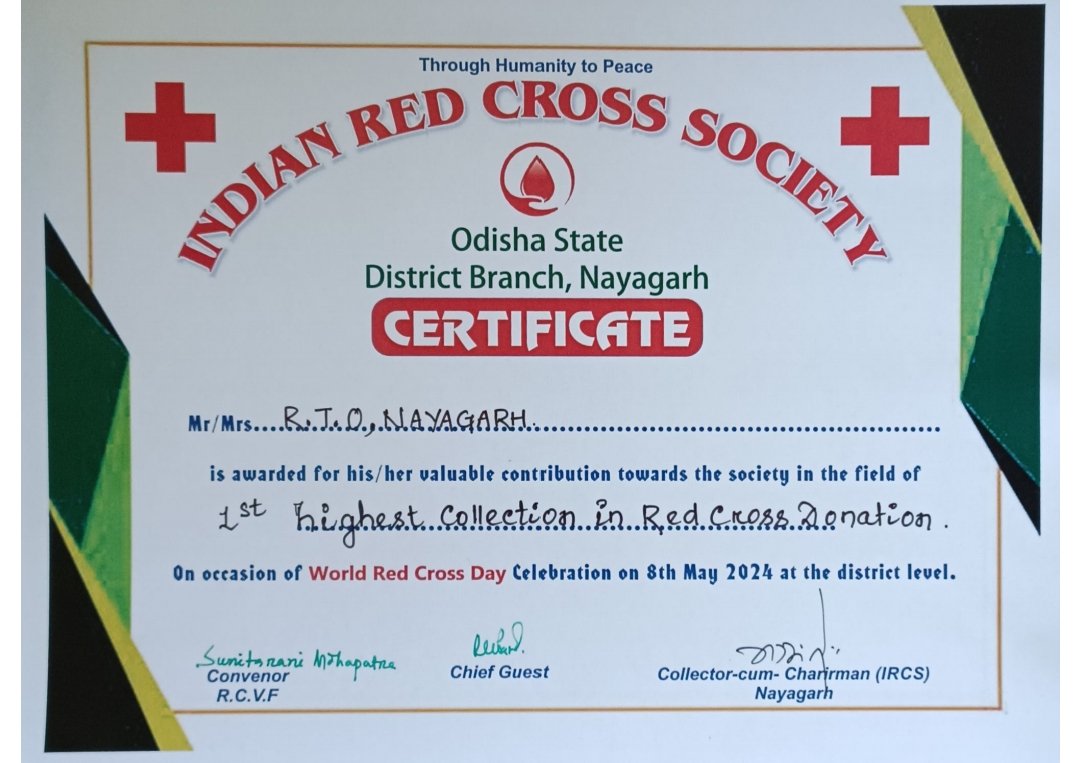 On the occasion of World Red cross Day,2024 , the RTO, Nayagarh is awarded as 1 st highest collection in red cross donation. @STAOdisha @DCT_CentralZone