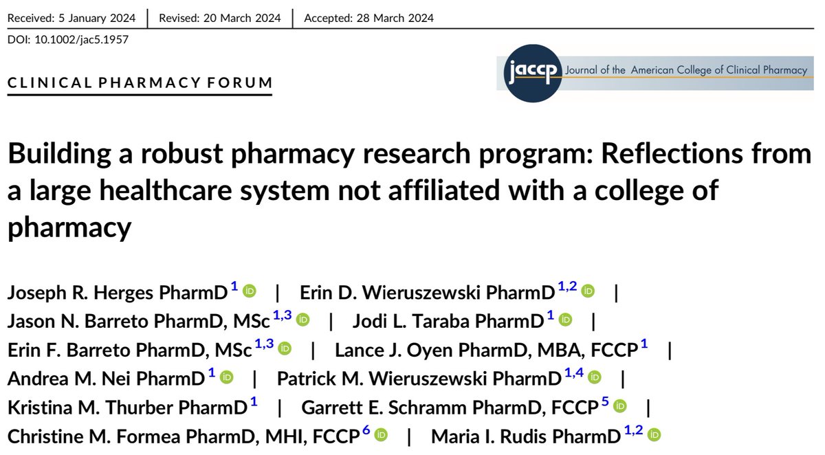 Developing and growing departmental research can be challenging. We shared our story at @MayoClinic doing so without having an associated college of pharmacy. Honored to be amongst this amazing group! 🔗 accpjournals.onlinelibrary.wiley.com/doi/full/10.10… @MayoPharmRes @JACCPJournal