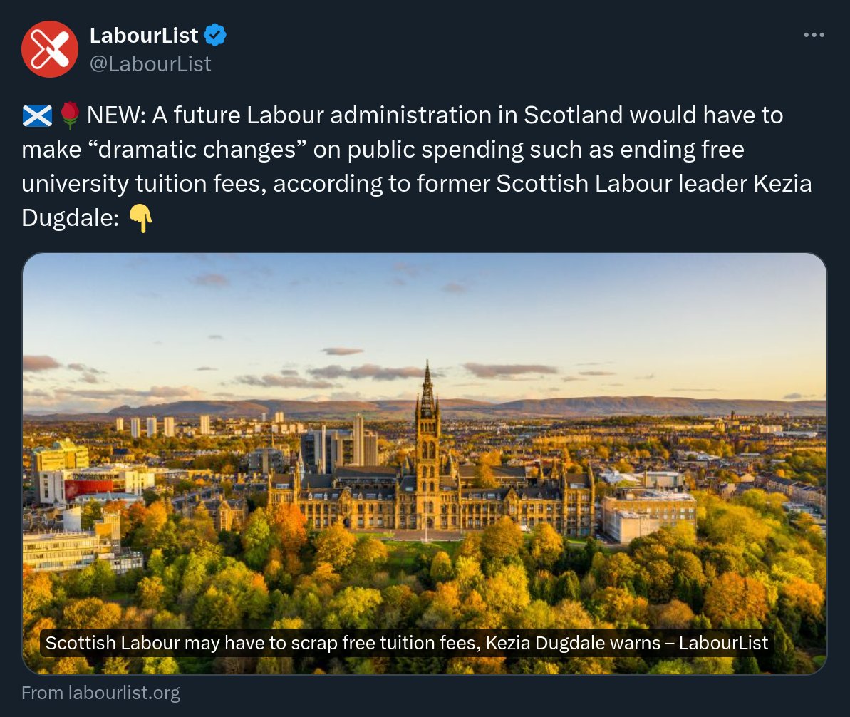 Reminder: European countries with access to free (or very low cost) higher education: Norway, Iceland, Germany, Austria, France, Poland, Greece, Hungary, Slovenia, Czech Republic, Finland, Denmark, Sweden and, of course, Scotland.

It's the rest of the UK that's the outlier here.