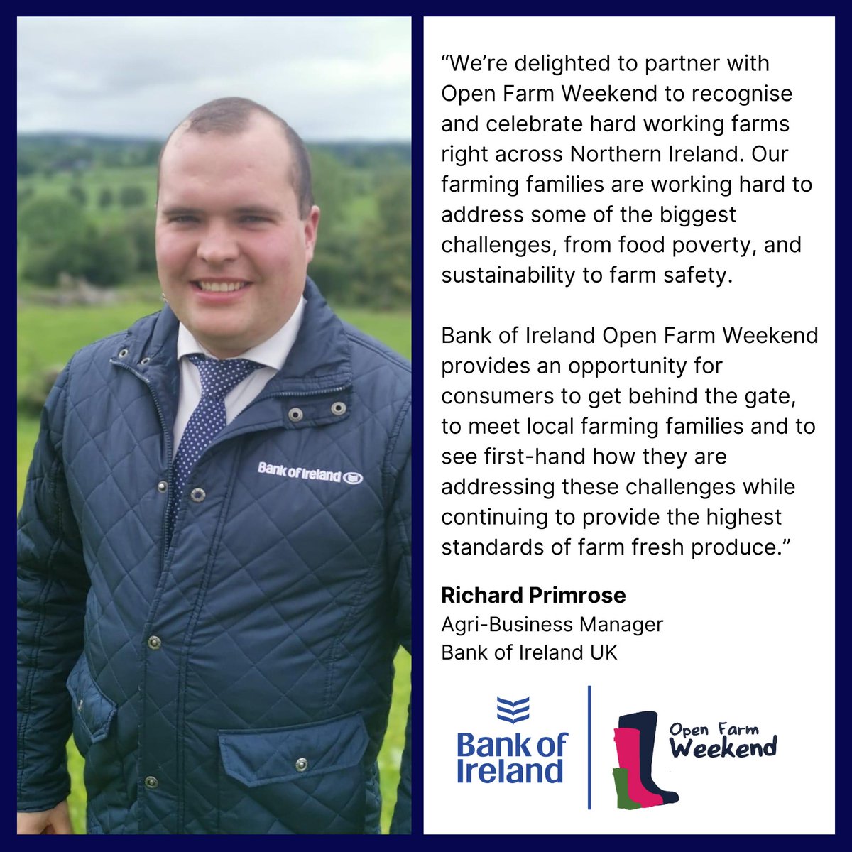 🤝PARTNER NEWS 🤝Bank of Ireland Open Farm Weekend is taking place from 14-16th June, and we couldn't do it without the support of our fantastic sponsors and supporters, especially our title sponsor @bankofireland. We get the thoughts of agri-business manager, Richard Primrose.