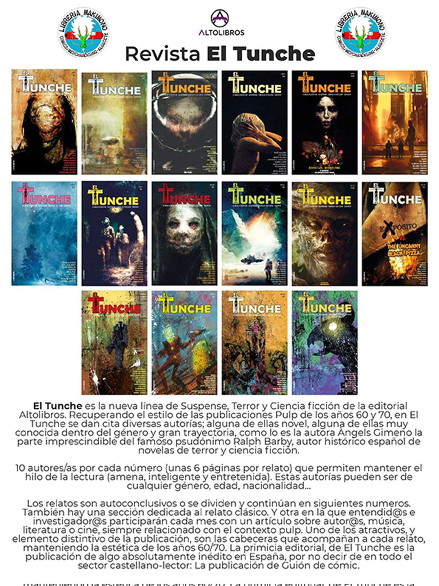 Ya en <a href="/MakimonoComics/">Makimono Cómics</a>!!!
Revista El Tunche
<a href="/altolibros/">Altolibros</a>
Revista de suspense, terror y ciencia ficción!!!
#eltunche
