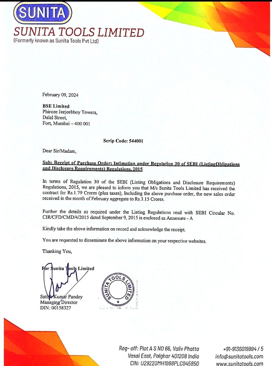 equityelephant's tweet image. Back in February, Sunita Tools bagged an order worth ₹3.15 cr. A great achievement following their successful fundraise. With all its accomplishments and potential, we believe it has all the ingredients to become a multibagger. #BusinessGrowth #OrderWin #MultibaggerPotential