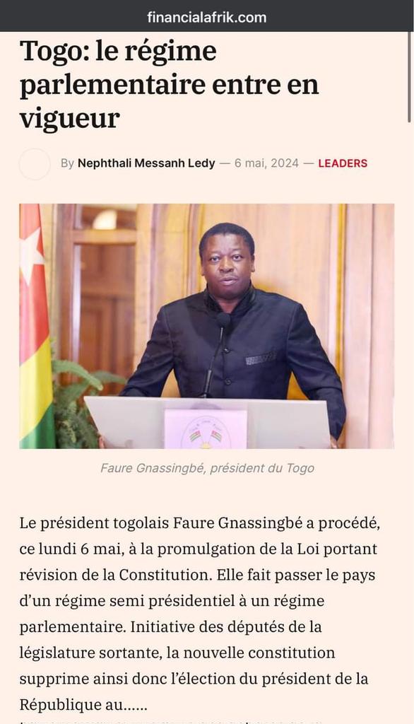 Togo adopte désormais un régime parlementaire. Dès lors, le président de la république sera élu par les députés et non plus par le peuple des électeurs au suffrage universel. Ou ils sont 👀 les panafricains ? kemilov Seba, Nathalov Yamba, Alain Fokarov et Franklinov?

#LaCIdabord