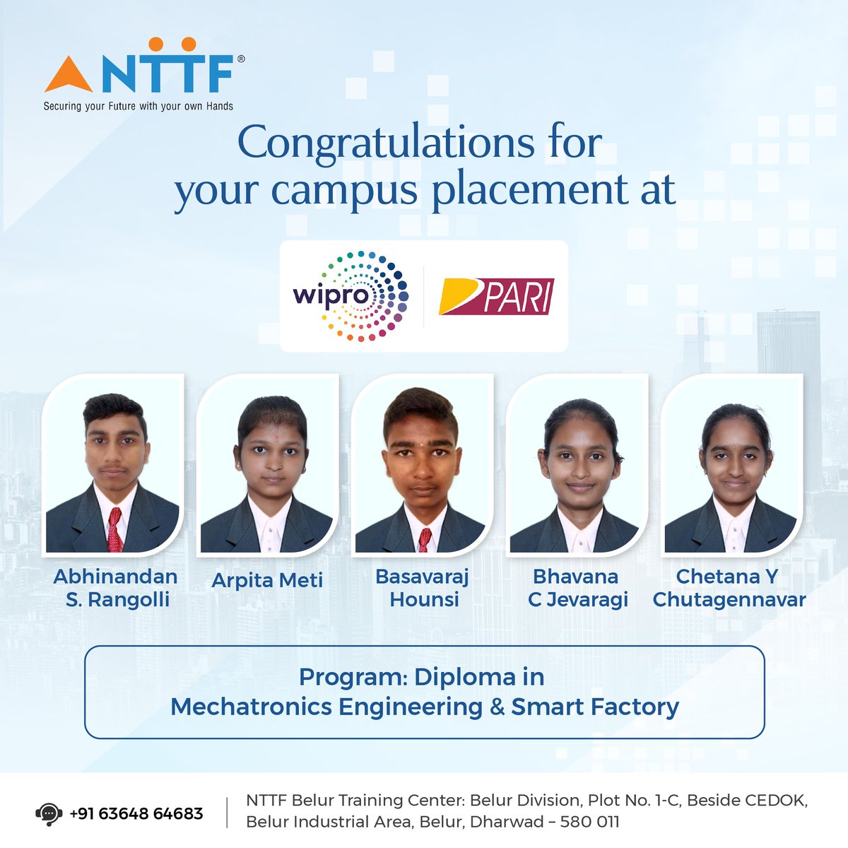 Exciting news! Talented trainees from NTTF Belur, Dharwad have secured placements at Wipro through our campus drive! Congratulations to each one! Your hard work led to this success. Wishing you a fulfilling career ahead! 🌟 

#NTTF #Wipro #CampusPlacement #Congratulations