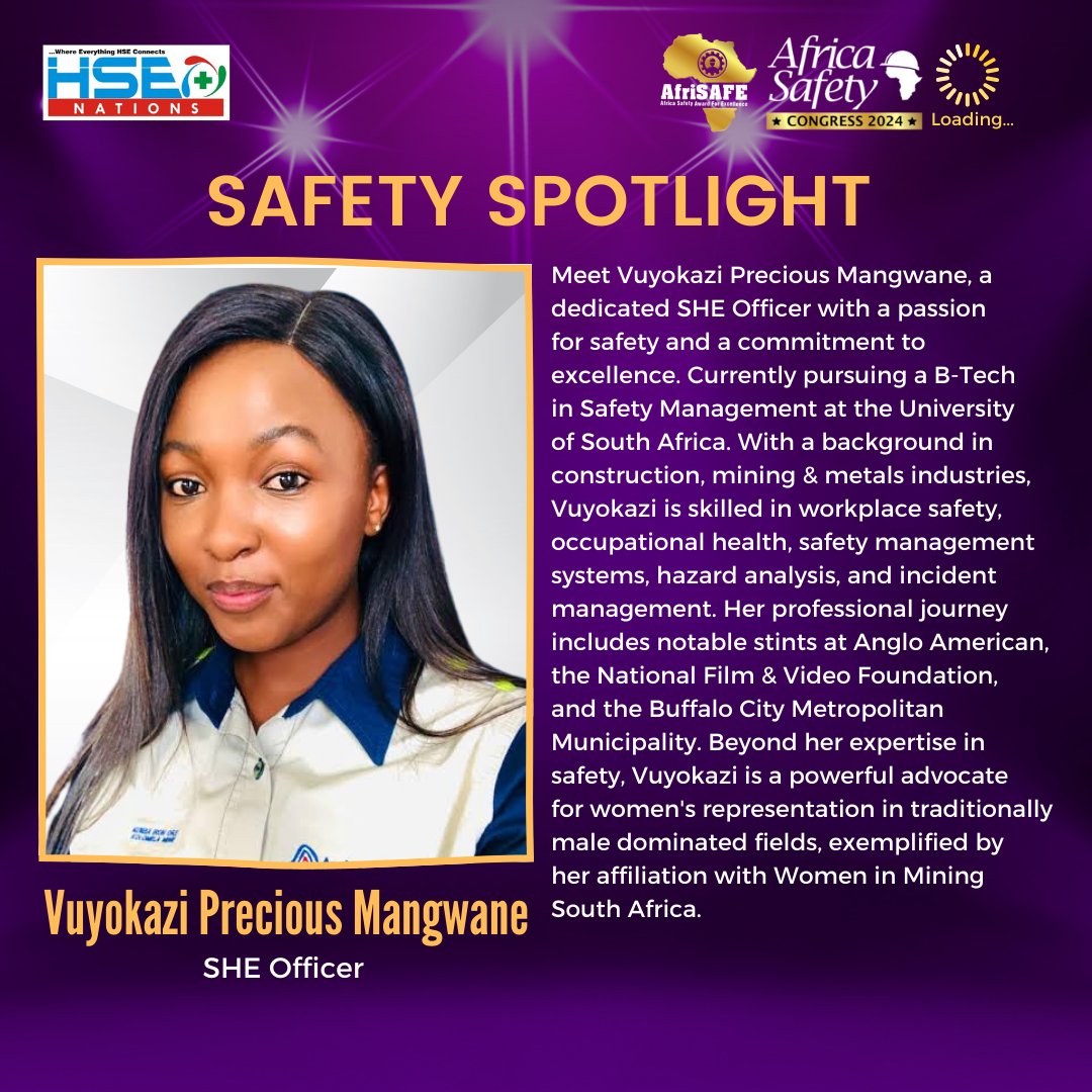 🔦Spotlighting Vuyokazi Mangwane, committed to safety excellence and an advocate for women's representation in traditionally male dominated fields.
👏Applaud an impactful HSE voice!

🚨Nominations are open for the #AfriSAFE HSSE Awards 2024.

Nominate Now! afrisafe.org