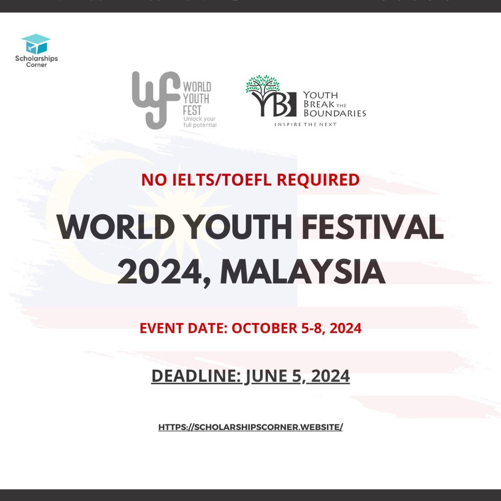 World Youth Festival 2024 in Malaysia 

Link: scholarshipscorner.website/world-youth-fe…

Event Location: Kuala Lumpur, Malaysia

Event Date: October 5-8, 2024. 

Deadline: June 5, 2024.

#ScholarshipsCorner #worldyouthfestival2024 #worldyouthfestival #WYF2024 #YBB
