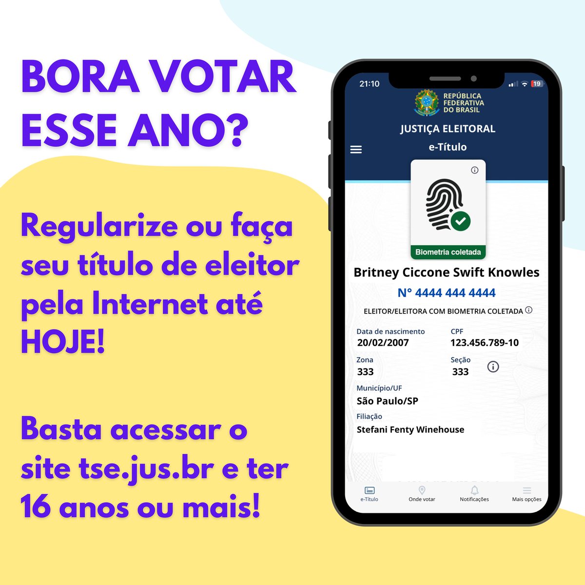 Atenção, meus amores:

Hoje, (08/05) é o último dia para emitir seu primeiro título de eleitor, regularizar sua situação na justiça ou incluir seu nome social no título!

É possível fazer tudo isso pelo site do TSE ou no cartório eleitoral mais próximo de você.

Para você que tem