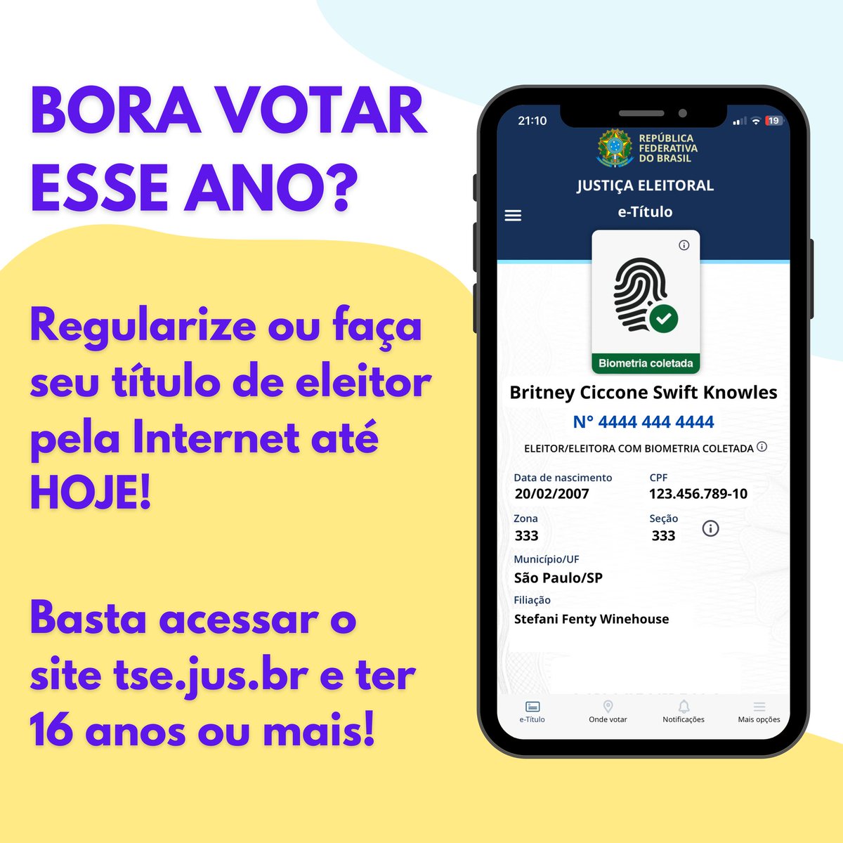 Atenção, meus amores: Hoje, (08/05) é o último dia para emitir seu primeiro título de eleitor, regularizar sua situação na justiça ou incluir seu nome social no título! É possível fazer tudo isso pelo site do TSE ou no cartório eleitoral mais próximo de você. Para você que tem