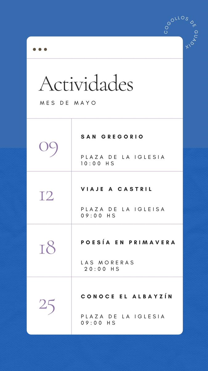 La concejalía de participación ciudadana presenta las actividades del mes de mayo en Cogollos de Guadix.

facebook.com/share/p/o1AL5P…

#actividadesmayo
#sangregorio
#viajes
#poesia
#agustoencogollos