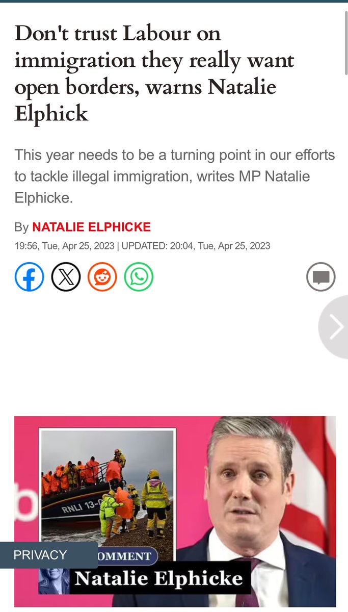 AdamBienkov's tweet photo. Keir Starmer just welcomed hard-right, anti-migrant Conservative MP Natalie Elphicke into the Labour party.

Some highlights from her recent record https://t.co/nQYF1IW4SL