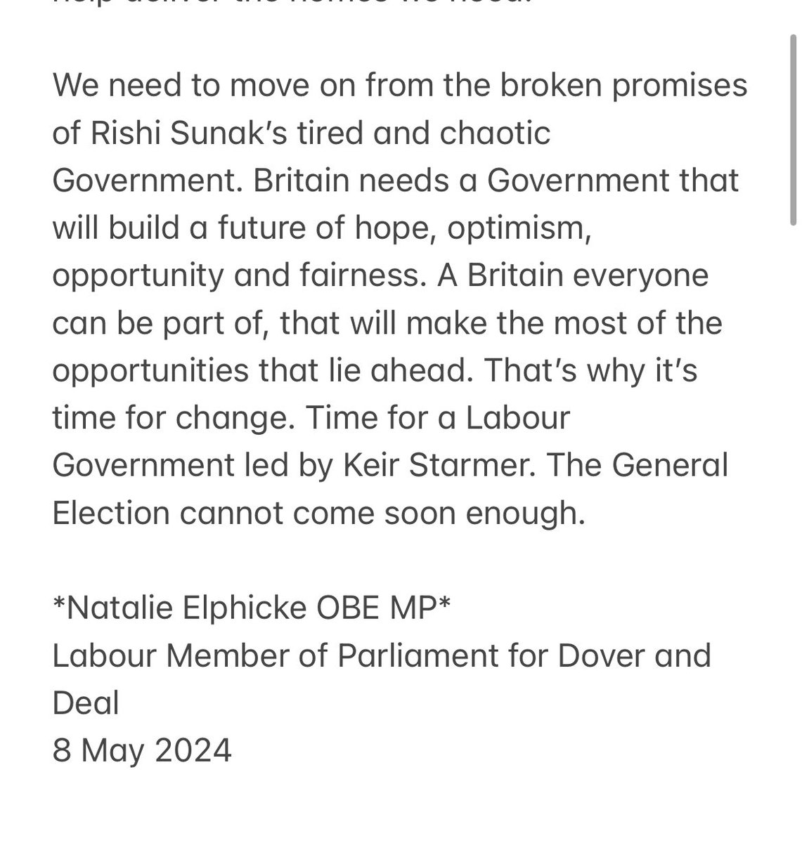Full statement from Elphicke: “For me key deciding factors have been housing and the safety and security of our borders” “We need to move on the broken promises of Rishi Sunak’s tired and chaotic Government”