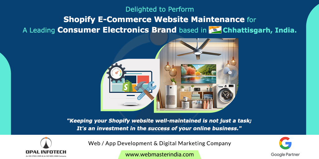 'Invest in Shopify website maintenance for lasting business success.'

Opal Infotech is thrilled to perform Shopify E-Commerce Website Maintenance for a top Consumer Electronics Brand in Chhattisgarh, India! 

Visit- webmasterindia.com/website-mainte…

#OpalInfotech #ShopifyMaintenance