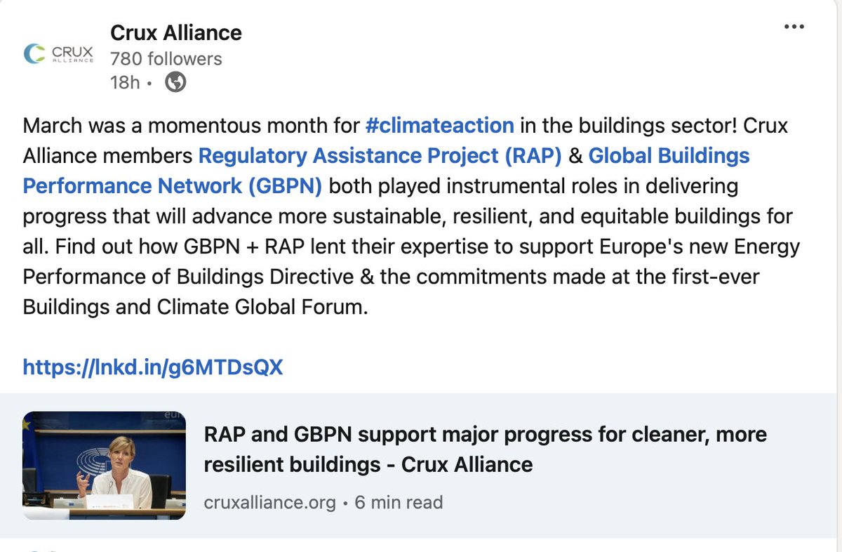 On the day the Energy Performance of Buildings Directive #EPBD is published in the official journal, I'm delighted to see CRUX alliance celebrating the work we all do on global buildings decarbonisation. linkedin.com/feed/update/ur…