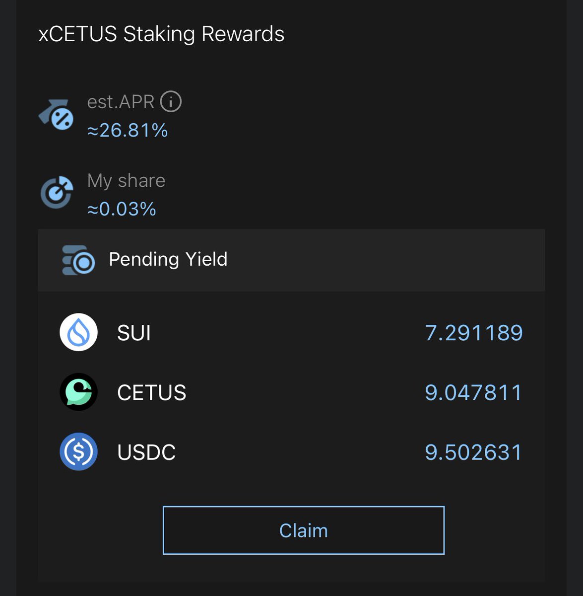 #CETUS #xCETUS

初の給SUI日！
今時点の換算でざっと4000円相当。
32000CETUS(50万円相当)の半年間のロックでこれが毎週貰えるなら美味しいよね😄
どうせSUIやCETUSはここから10倍以上には上がるので実質毎週4万円以上相当を給付されてるのと同義だと思ってる☺️