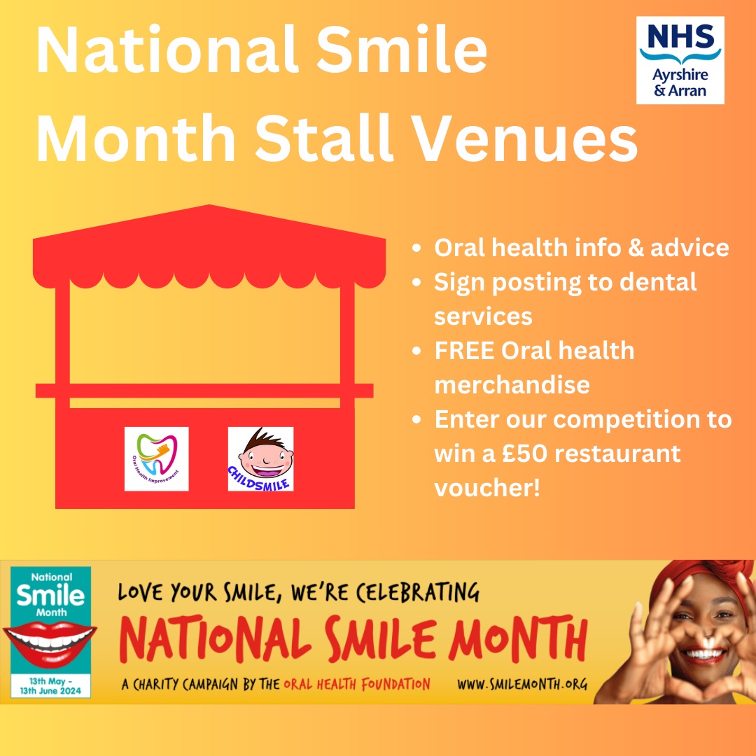 National Smile Month Venues Week 2 😀

🌟 Largs Library, Tuesday 21st May,  2pm - 4pm
🌟 Brooksby Day Hospital Largs, Tuesday 21st May, 10am - 12pm
🌟 East Ayrshire Community Hospital, Cumnock, Thursday 23rd May, 11am - 2pm
🌟 Millport Library, Friday 24th May,  2pm - 4pm