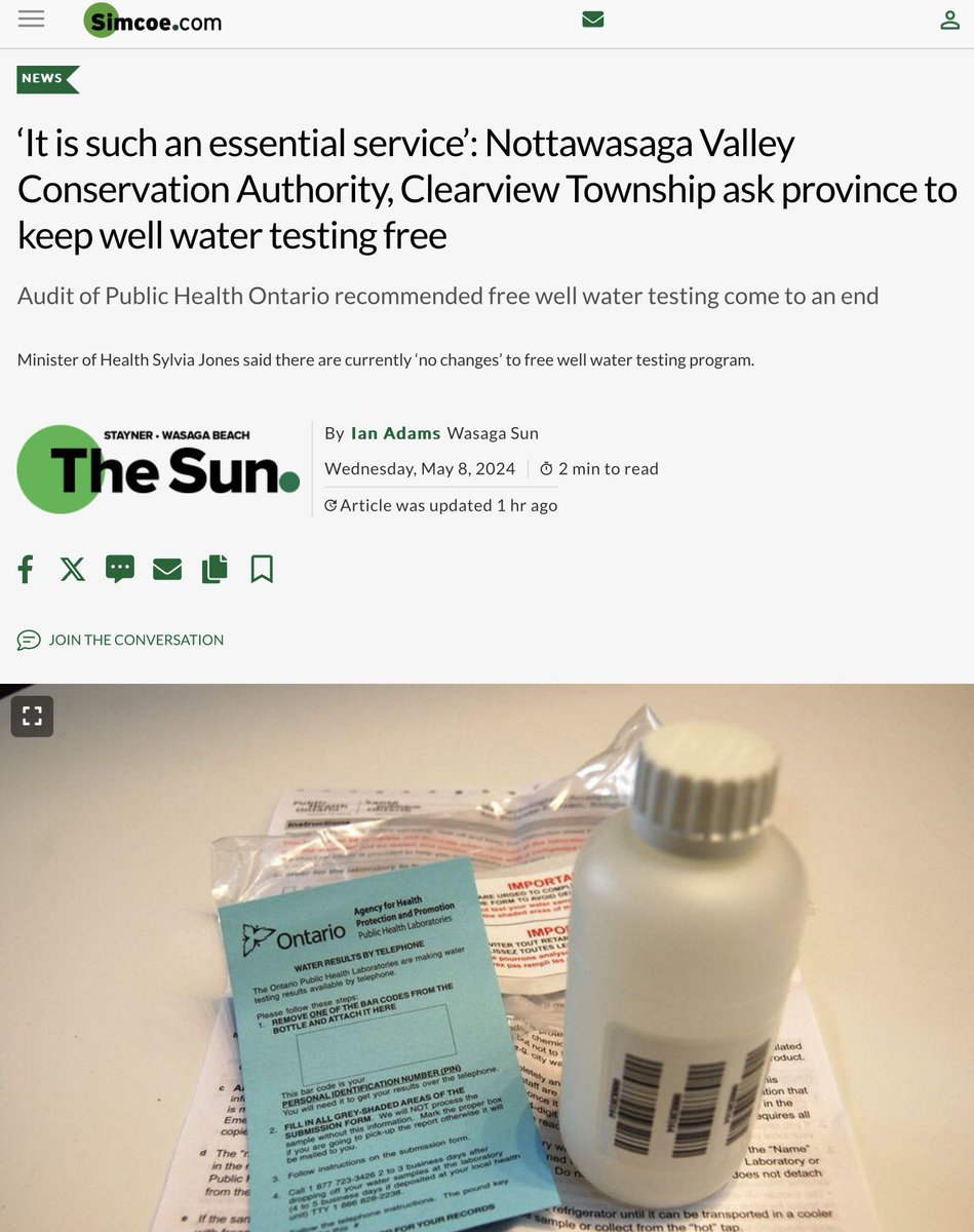 All Health Minister @SylviaJonesMPP needs to do to reassure our rural residents is clearly state that free well-water testing will continue. The refusal to specifically answer that exact question directly is not calming the waters in rural Ontario. simcoe.com/news/it-is-suc…