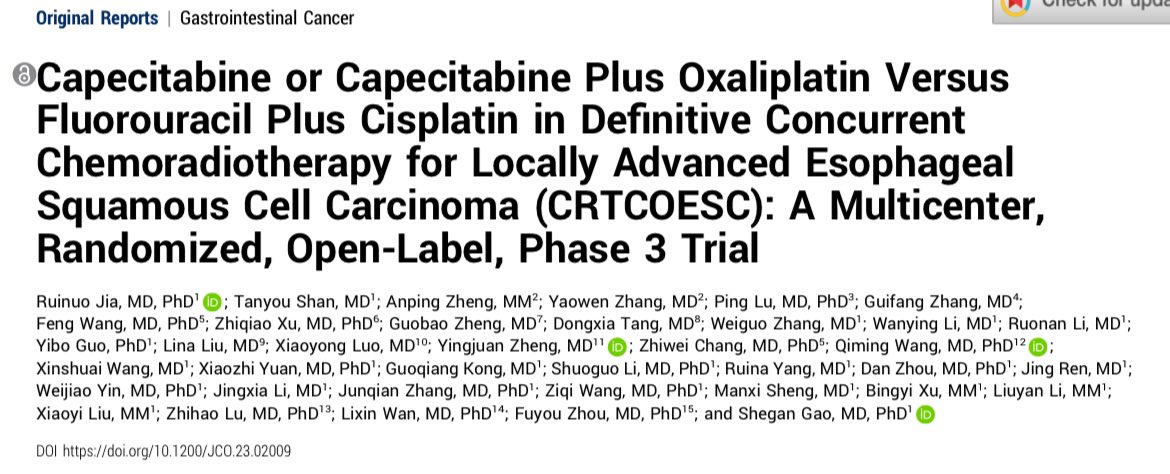 📢Esophageal SCC-Definitive CRT: Capecitabin vs. XELOX vs. Cis-5FU CRTCOESC trial @JCO_ASCO ✅2-year OS rates did not differ, capecitabine showed a lower incidence of grade ≥3 AEs ✅2 cycles of consolidation ChT provided better OS ➡️246 patients ➡️2 cycles of capecitabin or