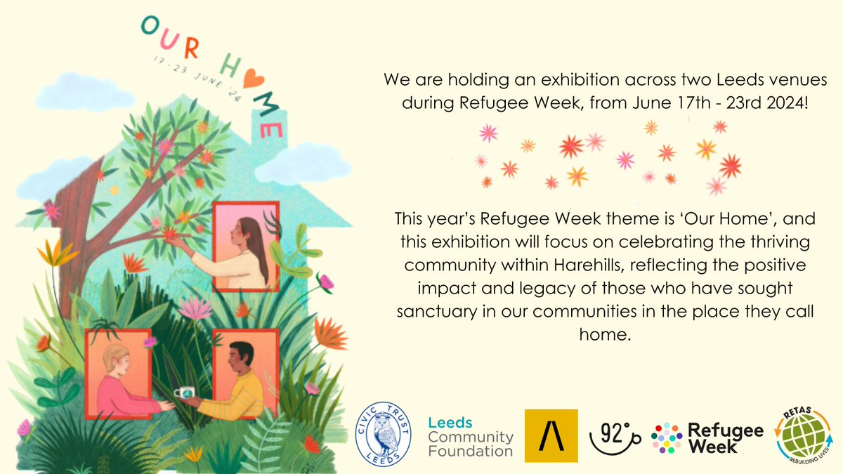 We're very excited to announce our contribution to @RefugeeWeek using our @LeedsCivicTrust Heritage Fund 🙌 Join us as we explore the meaning of this year's theme 'Our Home', as we celebrate Harehills and the people in it 🧡 refugeeweek.org.uk/event/calling-…