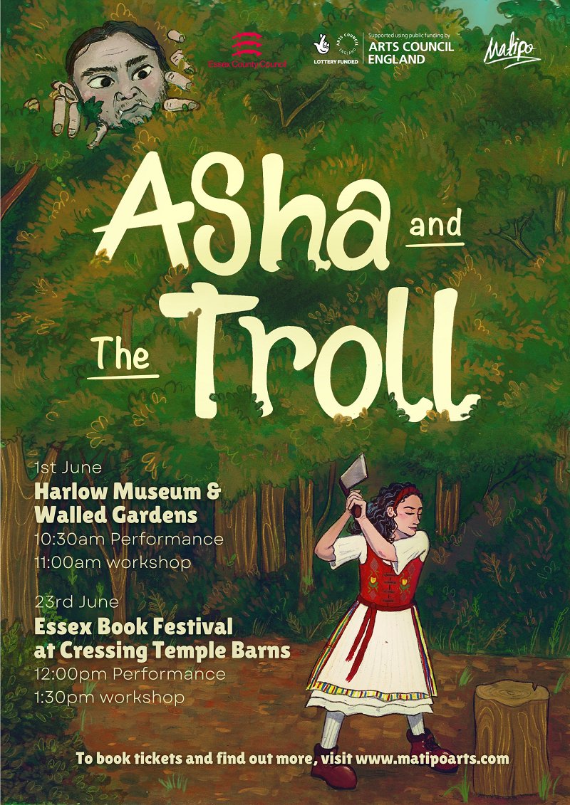 Next up in our @Essex_CC #ArtsCulturalFund spotlights! @Matipoarts will deliver a travelling theatre show ‘Asha and the Troll’, aimed at KS1-2 children & developed in collab w/ primary schools in Chelmsford, Witham, Braintree, Harlow & Canvey Island culture-essex.co.uk/arts-and-cultu…