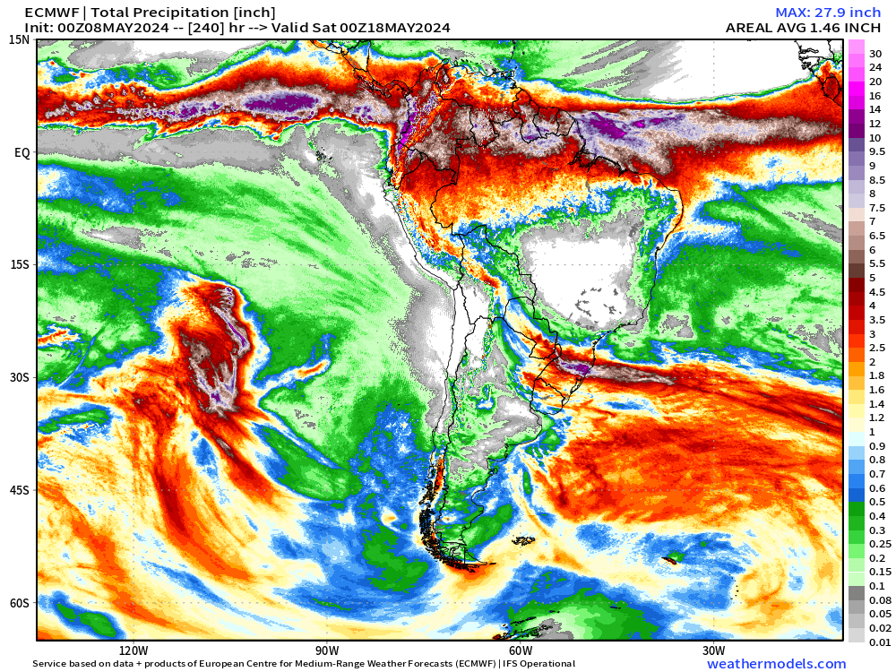 Met_khinz's tweet photo. South America ag weather weather:

Soil moisture  for C. #Brazil below the surface continues to rapidly deplete.

Latest obs rainfall over the past 2 weeks shows 0" for major #safrinha #corn locations, as the monsoonal rains have shut off early. Meanwhile, excessive rains & #flooding persist for Rio Grande do Sul.

Both conditions are expected to continue for the rest of May. 

Will the market react to this ahead? Time will tell.

#AGwx #OATT