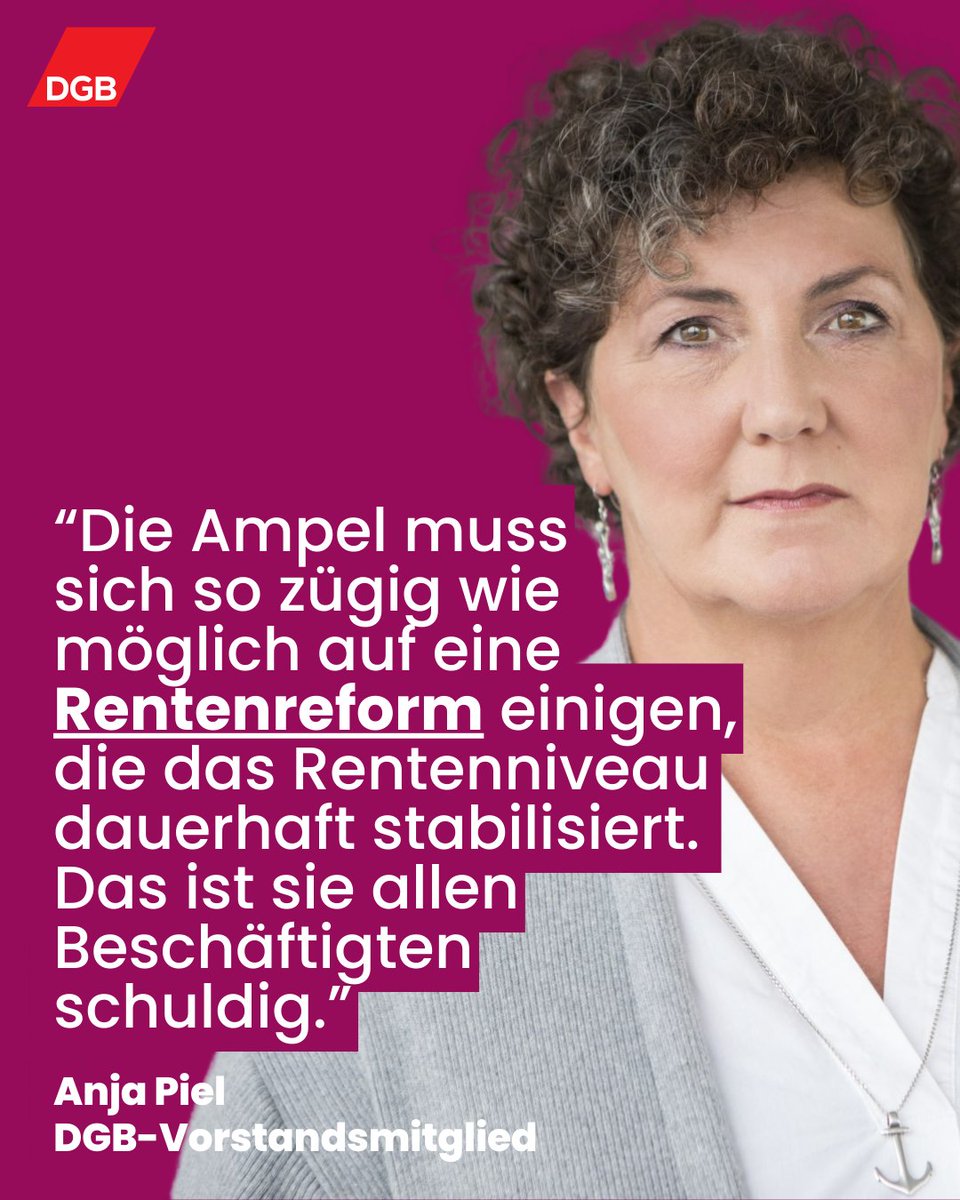 'Gerade für junge Menschen ist ein stabiles Rentenniveau wichtig, damit sie Sicherheit haben & für ihr Alter planen können,' erinnert unser Vorstandsmitglied @Anja_Piel die Regierung an eines ihrer wichtigsten Versprechen aus dem Koalitionsvertrag: dgb.de/geld/rente #Rente