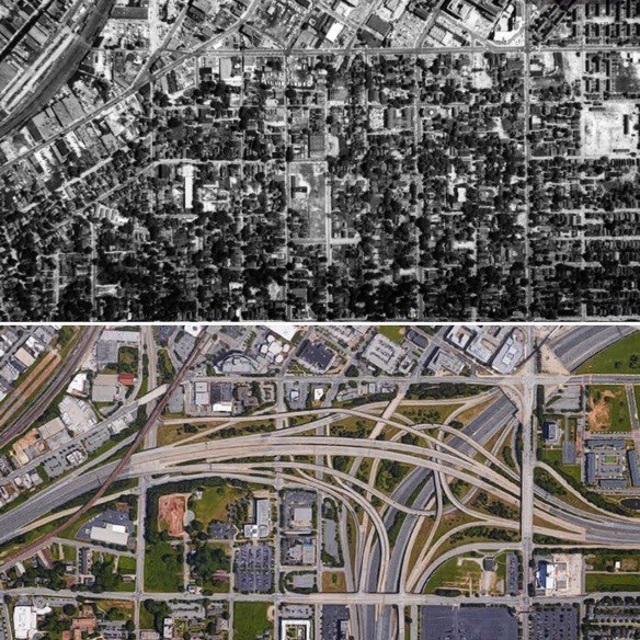 One of the most enduring myths is that “American cities were built for cars.” No. Our cities were *destroyed* for the car. We had dense, walkable cities as beautiful as Europe. DOTs razed entire neighborhoods to make way for freeways and demolished downtowns for parking lots.