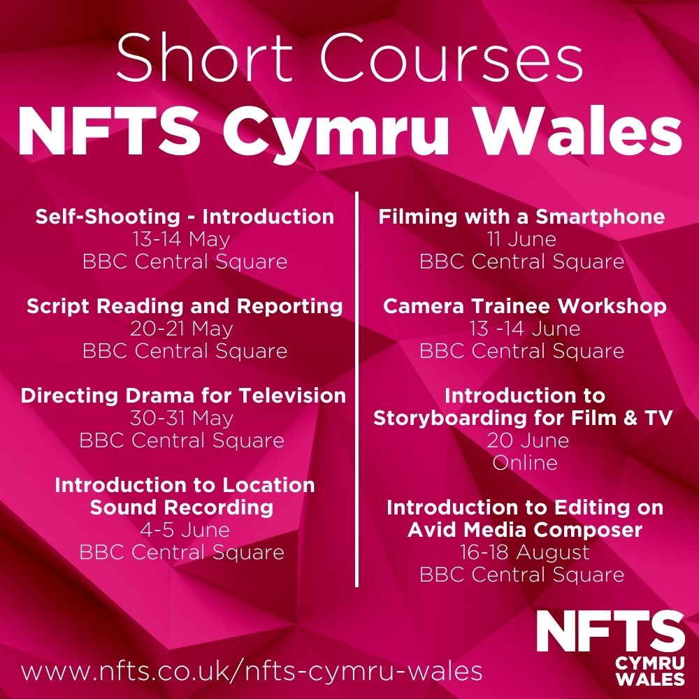 Check out our upcoming Short Courses 👀 such an exciting line-up! nfts.co.uk/nfts-cymru-wal… *1 place has just become available for next week's 'Self-Shooting - An Intro' short course so apply online asap* Based in Wales? Apply for a @CreativeWales | @CymruGreadigol bursary
