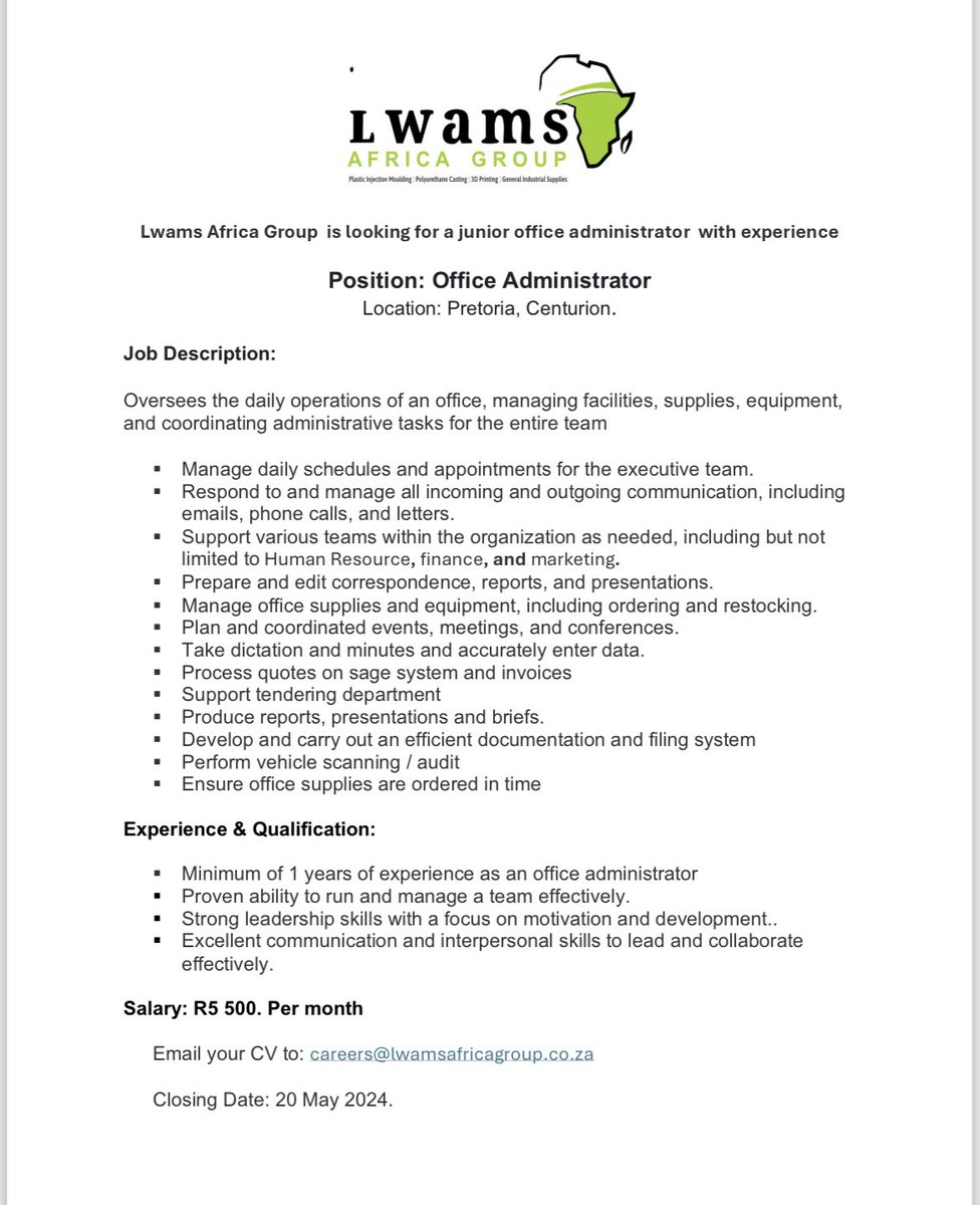 LwamsAG's tweet photo. We are hiring #LwamsAfricaGroup
Send CVs to: careers@lwamsafricagroup.co.za https://t.co/KETo1XbA5u