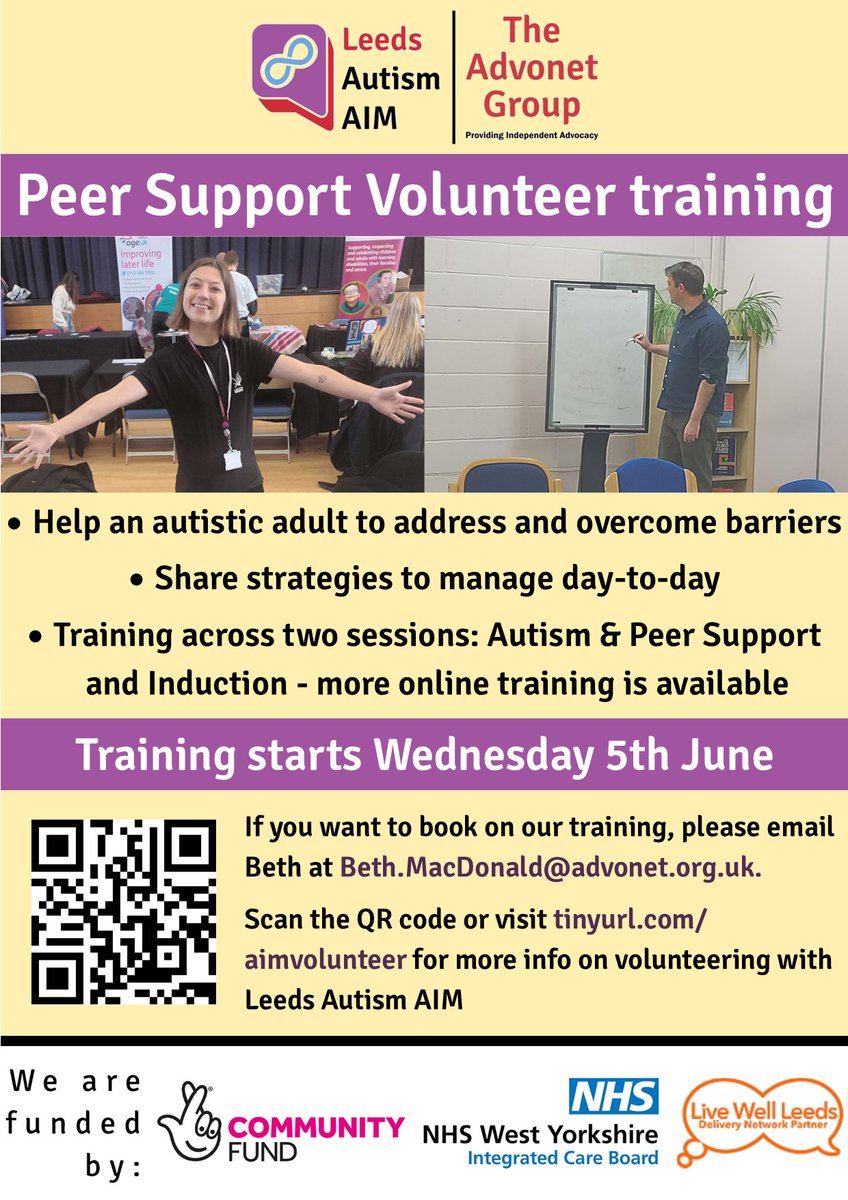 We have free training for #ActuallyAutistic adults who want to be an #Autism #PeerSupport Volunteer with us! It starts in June and is across two sessions, with more online training available. More info is on our website: leedsautismaim.org.uk/2024/04/26/aut… #VolunteerLeeds #Volunteering