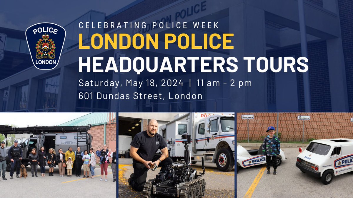 Celebrate #PoliceWeekON with us next week! Join us for London Police Headquarters Tours on May 18, 2024, from 11am to 2pm. 👮 There will be fun for all with face painting, balloon animals, vehicle displays, demos, a free barbeque and more! Don't miss out! 😁 #LdnOnt