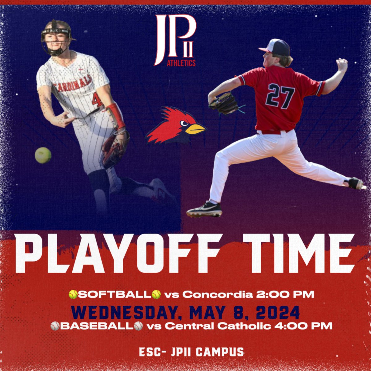 IT'S PLAYOFF TIME CARDINALS! Come out to the ESC for the doubleheader! Softball will play Concordia Lutheran at 2:00pm and baseball plays Central Catholic at 4:00pm. Good luck Cards!