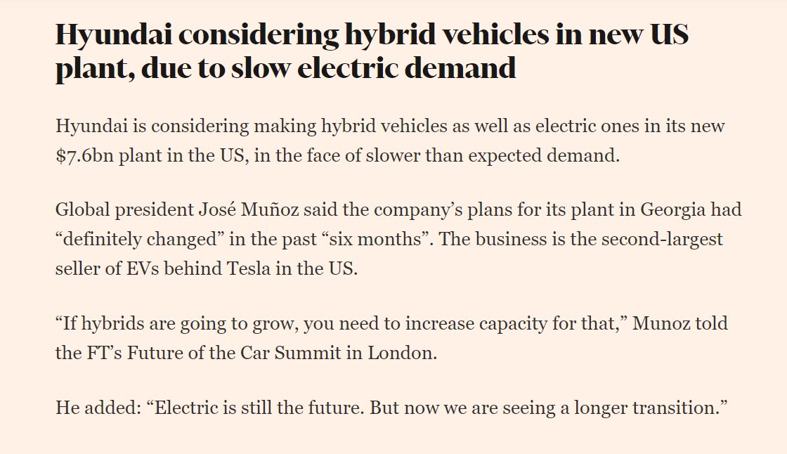 🔋NEW: Hyundai will make hybrids as well as EVs in new US plant🔋 🚘Company has changed thinking on Georgia facility in last 'six months', Jose Munoz tells #FTCar 🚘'Electric is still the future. But now we are seeing a longer transition.' More details: ft.com/content/d8408b…