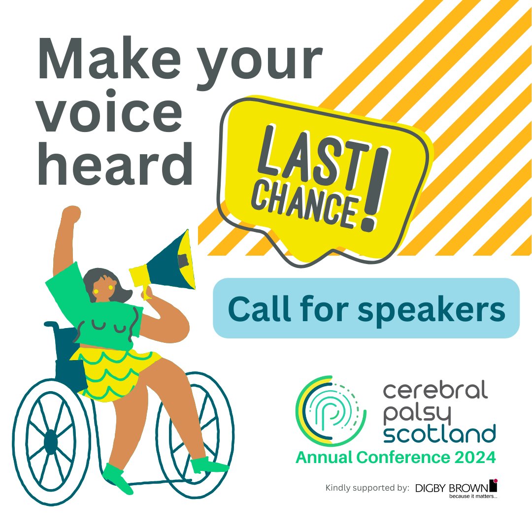 📣 Last chance to send in your speaker proposal! Deadline is 5pm, Friday 10 May. We're looking for people from a range of backgrounds to speak at the Cerebral Palsy Scotland conference, taking place on 2 October 2024 in Glasgow. More: cerebralpalsyscotland.org.uk/whats-on/annua…